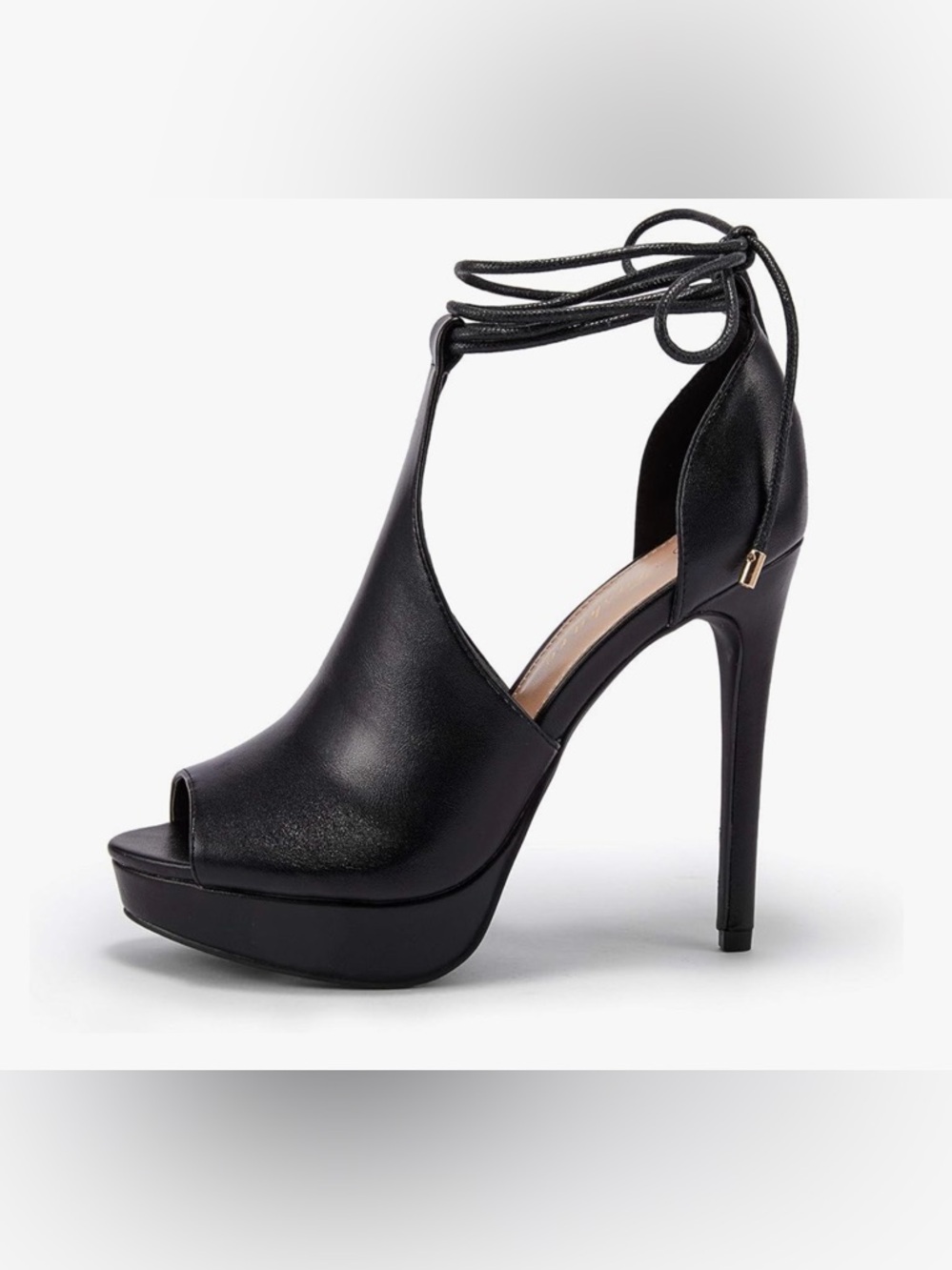 Lace-Up Peep Toe High Heel Platform Sandal - Black - Picture 2 of 5